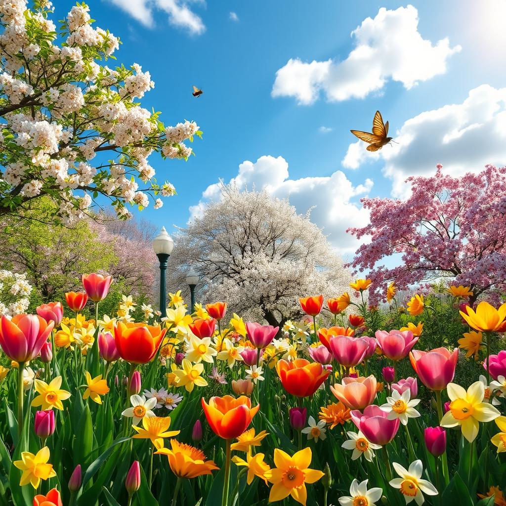 A beautiful and vibrant spring garden filled with a variety of colorful flowers in full bloom