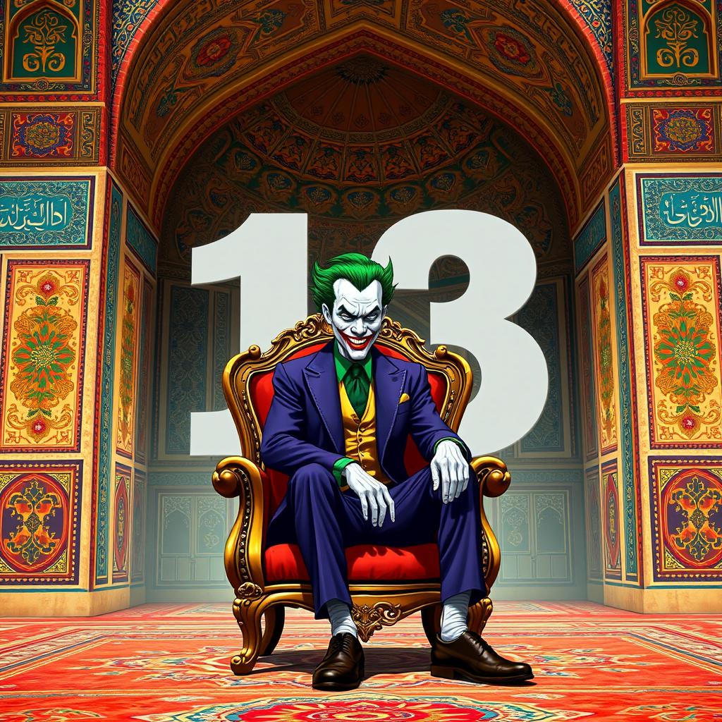 A stylized depiction of the Joker character sitting on an ornate, beautiful chair in Isfahan, surrounded by intricate Persian architecture