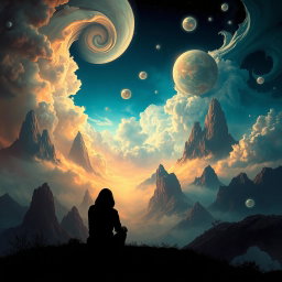 A mysterious world filled with intriguing landscapes and surreal elements, featuring a shadowy figure sitting in the foreground