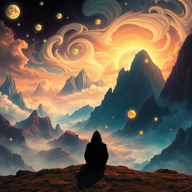 A mysterious world filled with intriguing landscapes and surreal elements, featuring a shadowy figure sitting in the foreground