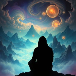 A mysterious world filled with intriguing landscapes and surreal elements, featuring a shadowy figure sitting in the foreground