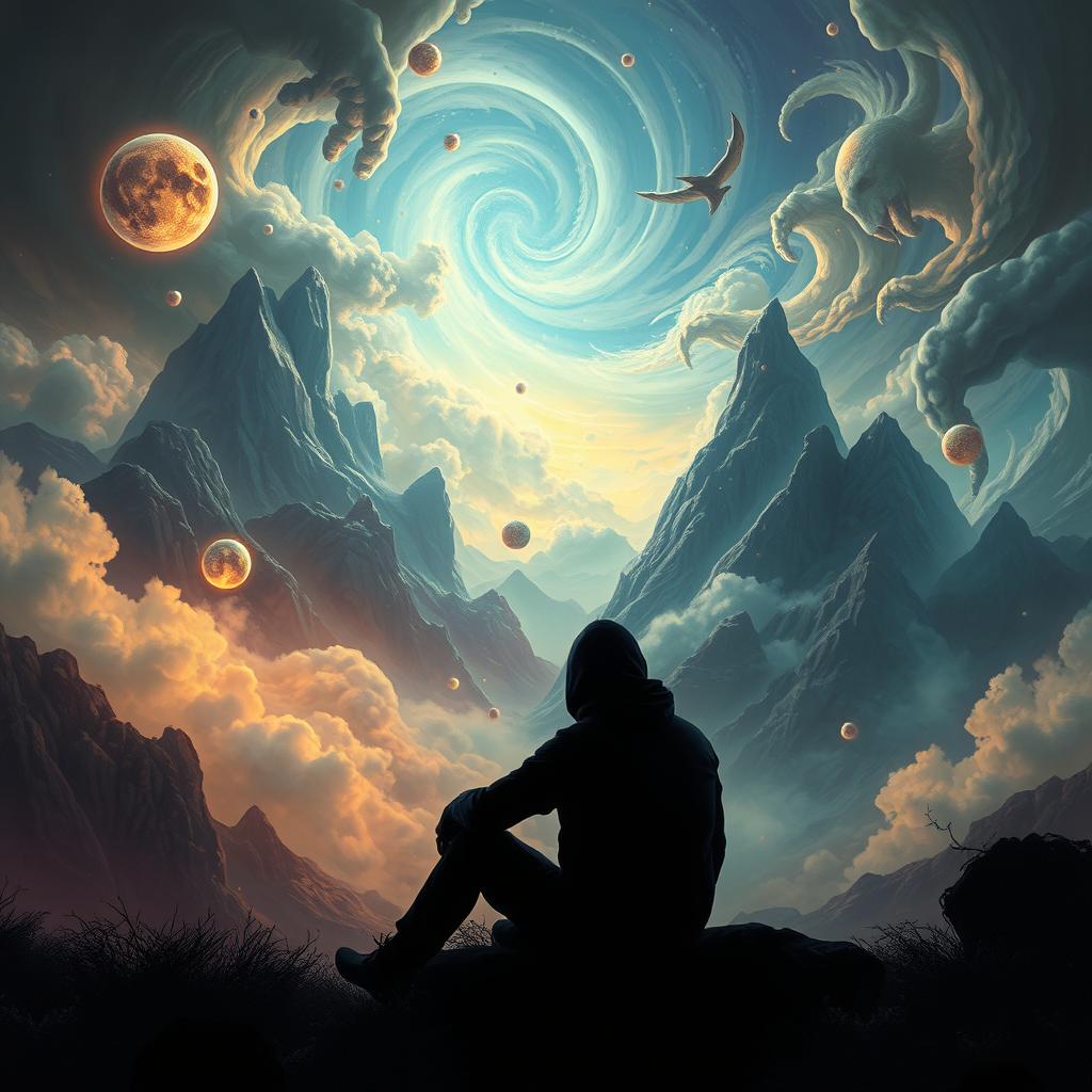 A mysterious world filled with intriguing landscapes and surreal elements, featuring a shadowy figure sitting in the foreground