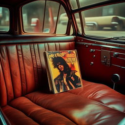 A vibrant album cover with rock n' roll artwork, lying on the worn leather seat of a vintage car, imbuing a sense of nostalgia.