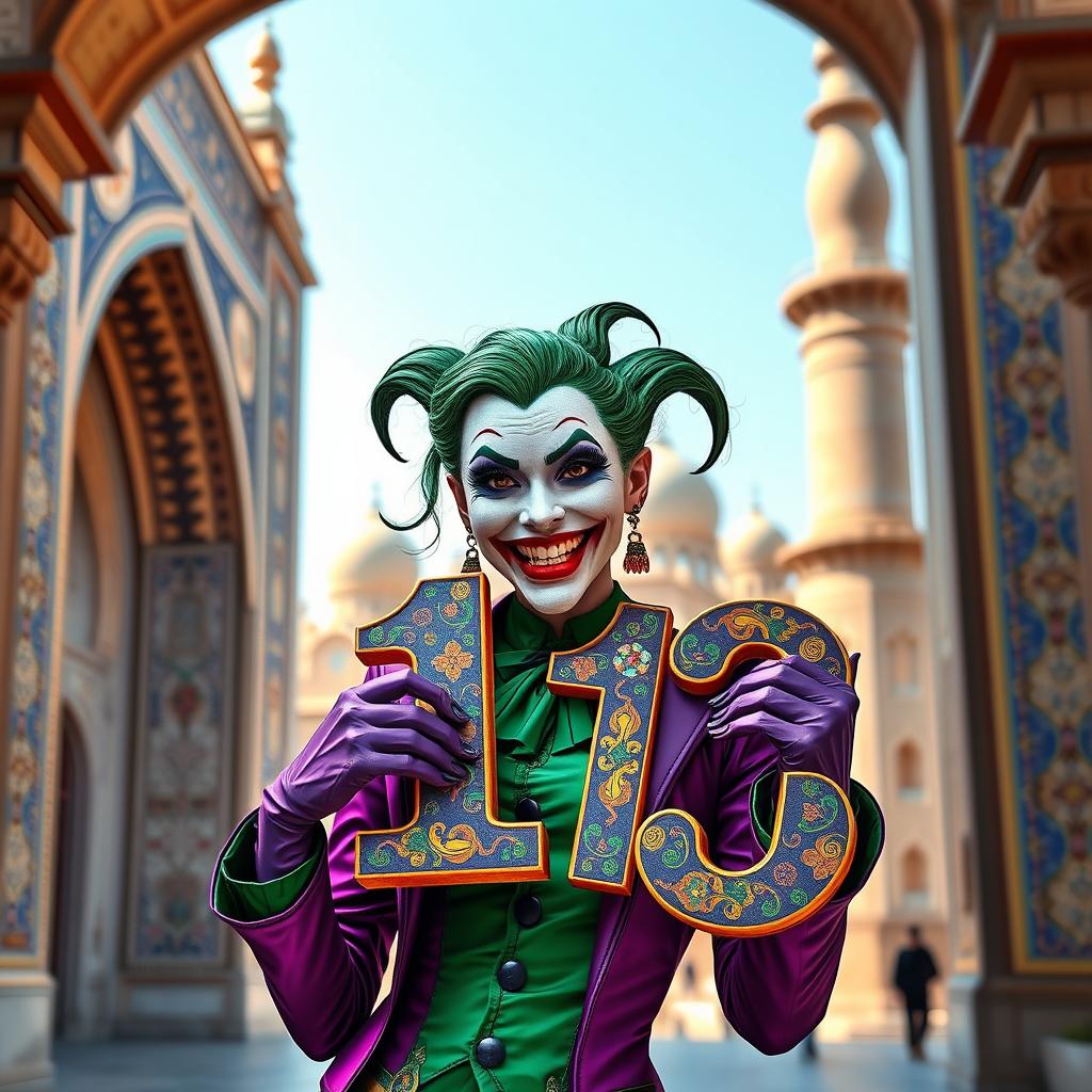 A female Joker character with a playful yet mischievous expression, set against the stunning backdrop of Isfahan, Iran