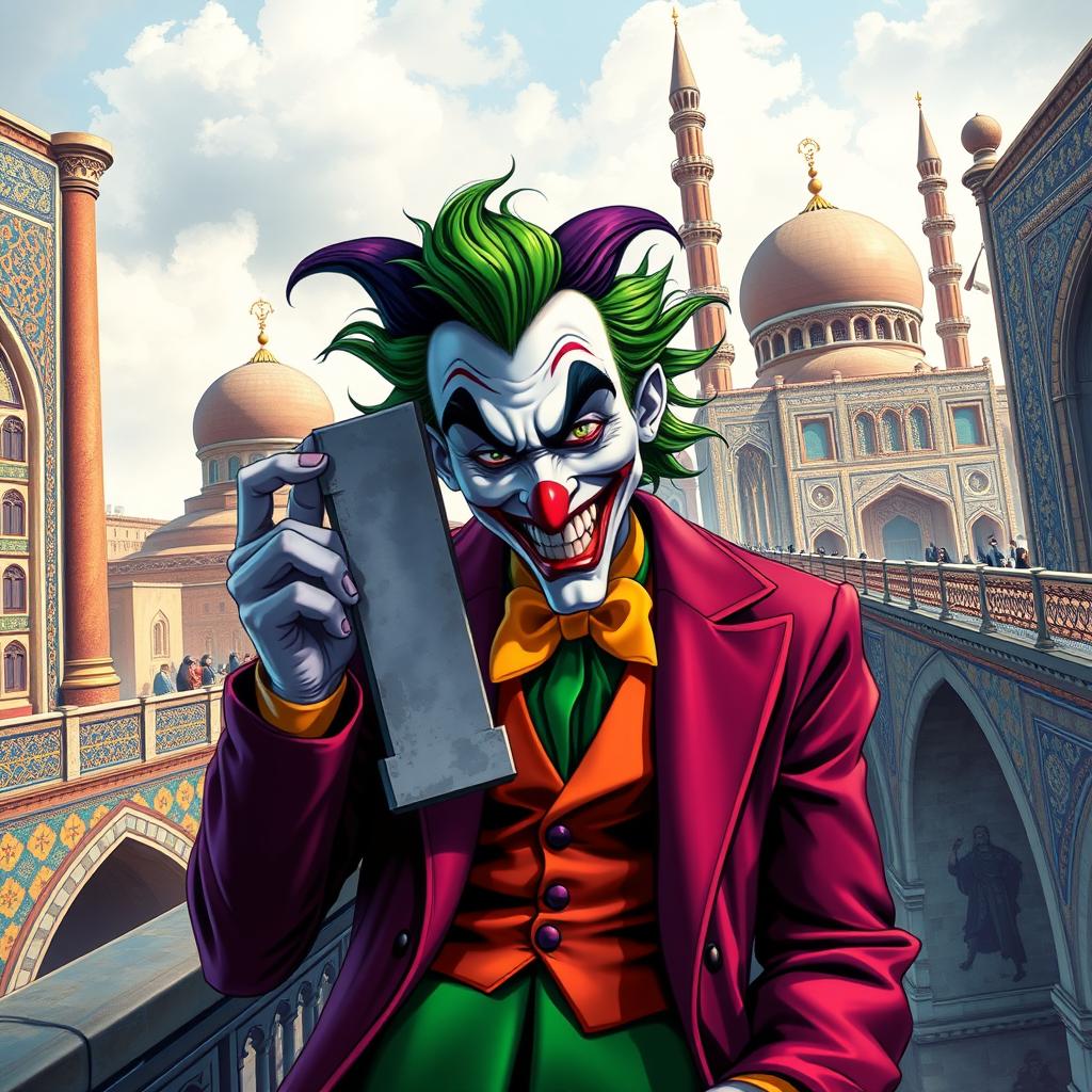 A vibrant scene depicting the Joker character in Isfahan, surrounded by the stunning architectural details of the city