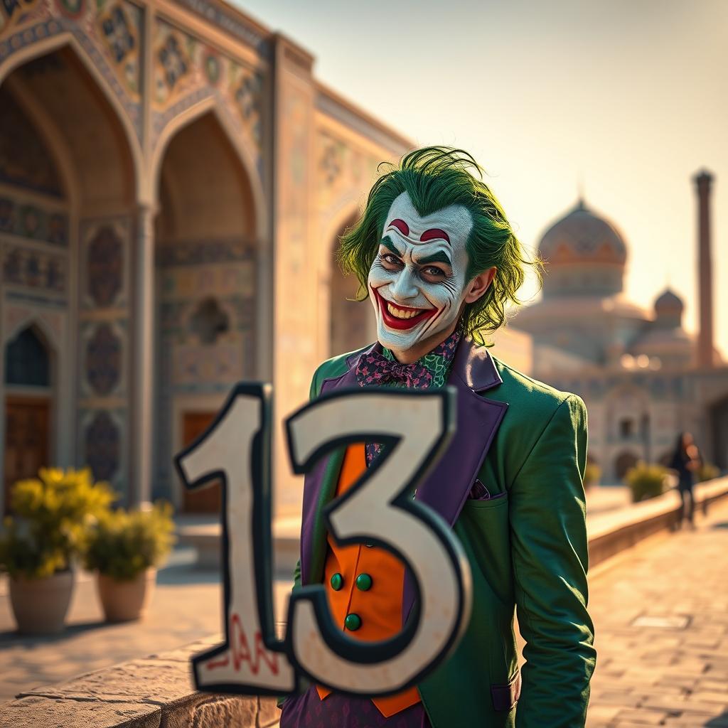 A beautiful Joker character in Isfahan, blending traditional Persian architecture as the background, with intricate tile work and domed structures