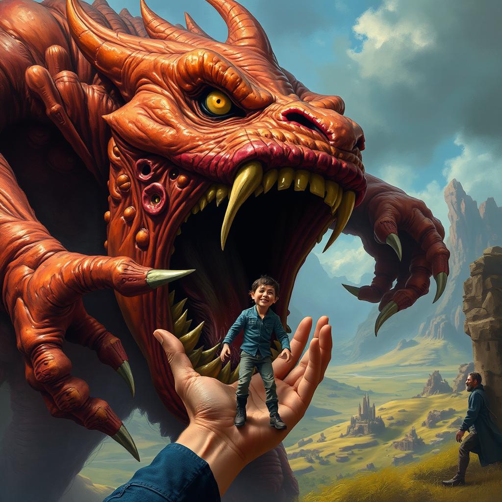 A giant creature being held in the hands of a human, with its mouth wide open
