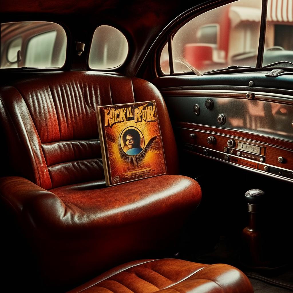 A vibrant album cover with rock n' roll artwork, lying on the worn leather seat of a vintage car, imbuing a sense of nostalgia.