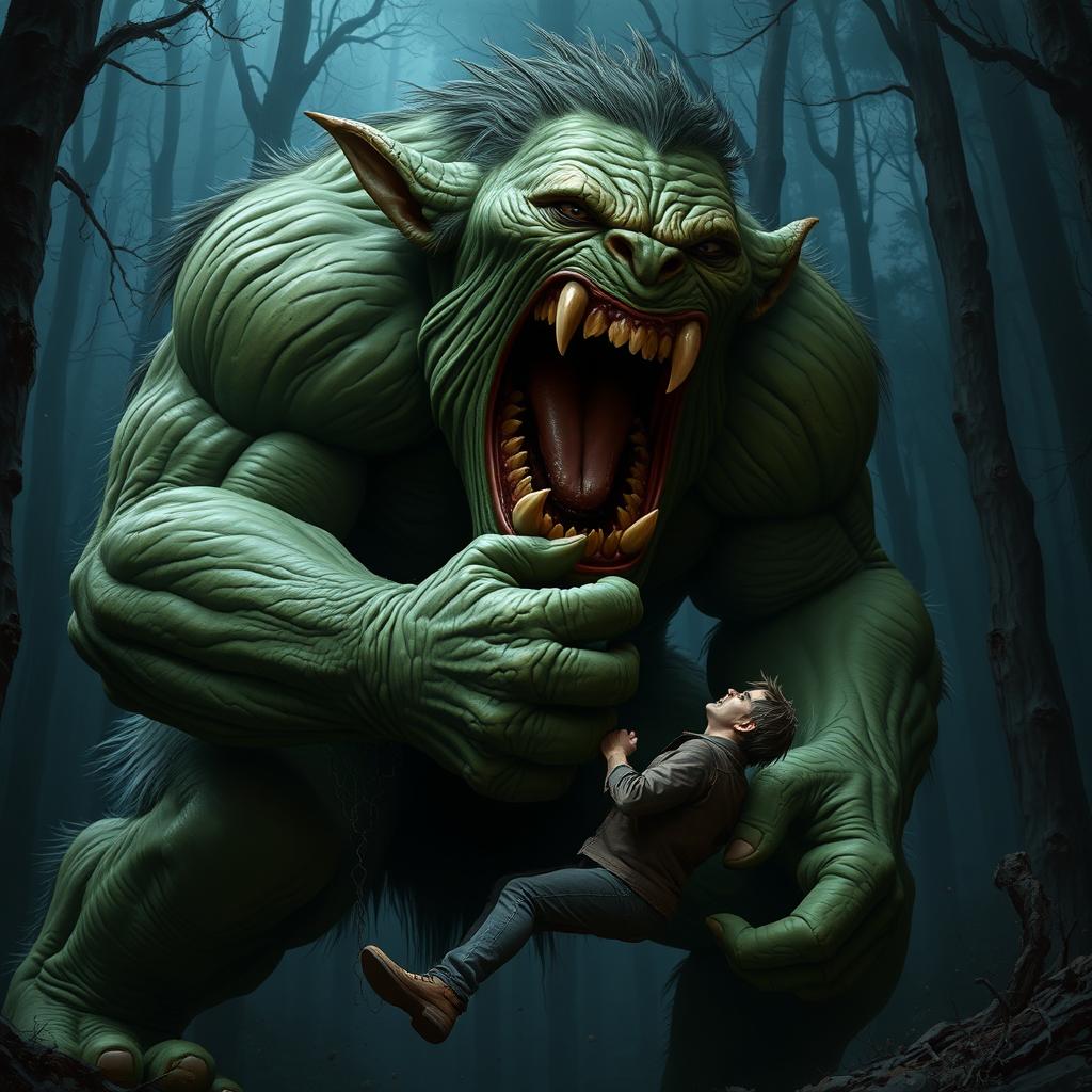 A giant troll gripping a person's leg tightly, with its mouth wide open in a ferocious roar