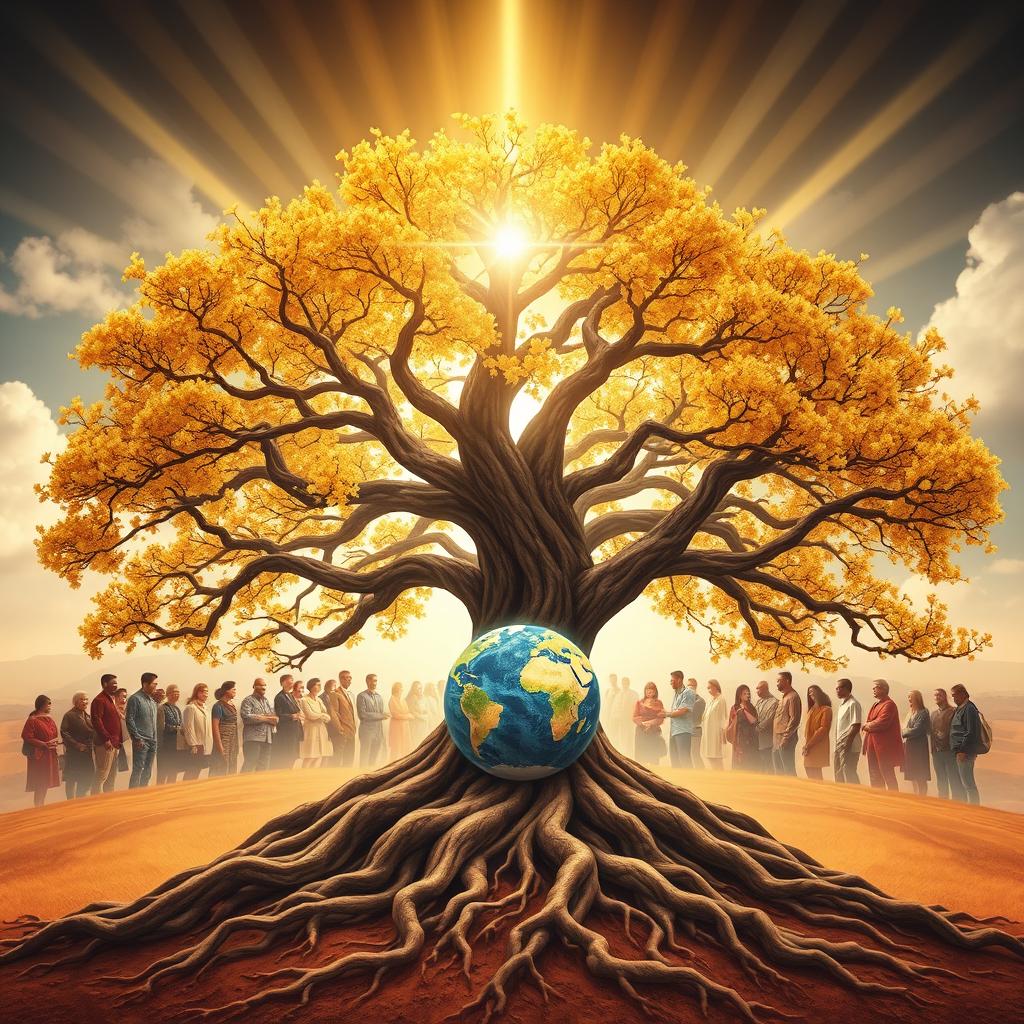 A majestic tree with deep, sprawling roots and blossoming branches, symbolizing growth and strength