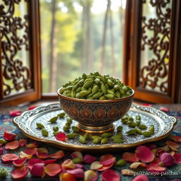 An artistic and high-quality photo of a large, beautifully crafted Mina-kari (Persian enamel) bowl filled with premium, fresh green cardamom pods