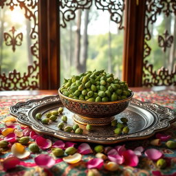 An artistic and high-quality photo of a large, beautifully crafted Mina-kari (Persian enamel) bowl filled with premium, fresh green cardamom pods