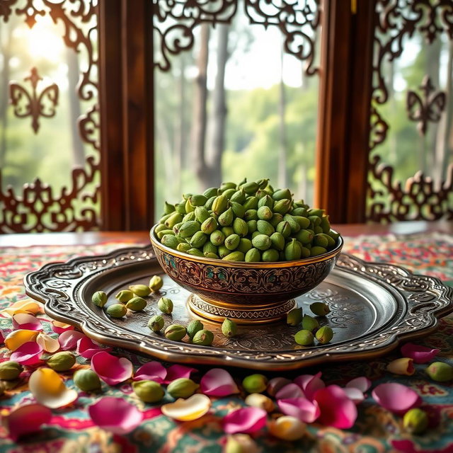 An artistic and high-quality photo of a large, beautifully crafted Mina-kari (Persian enamel) bowl filled with premium, fresh green cardamom pods