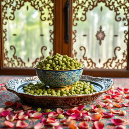 An artistic and high-quality photo of a large, beautifully crafted Mina-kari (Persian enamel) bowl filled with premium, fresh green cardamom pods