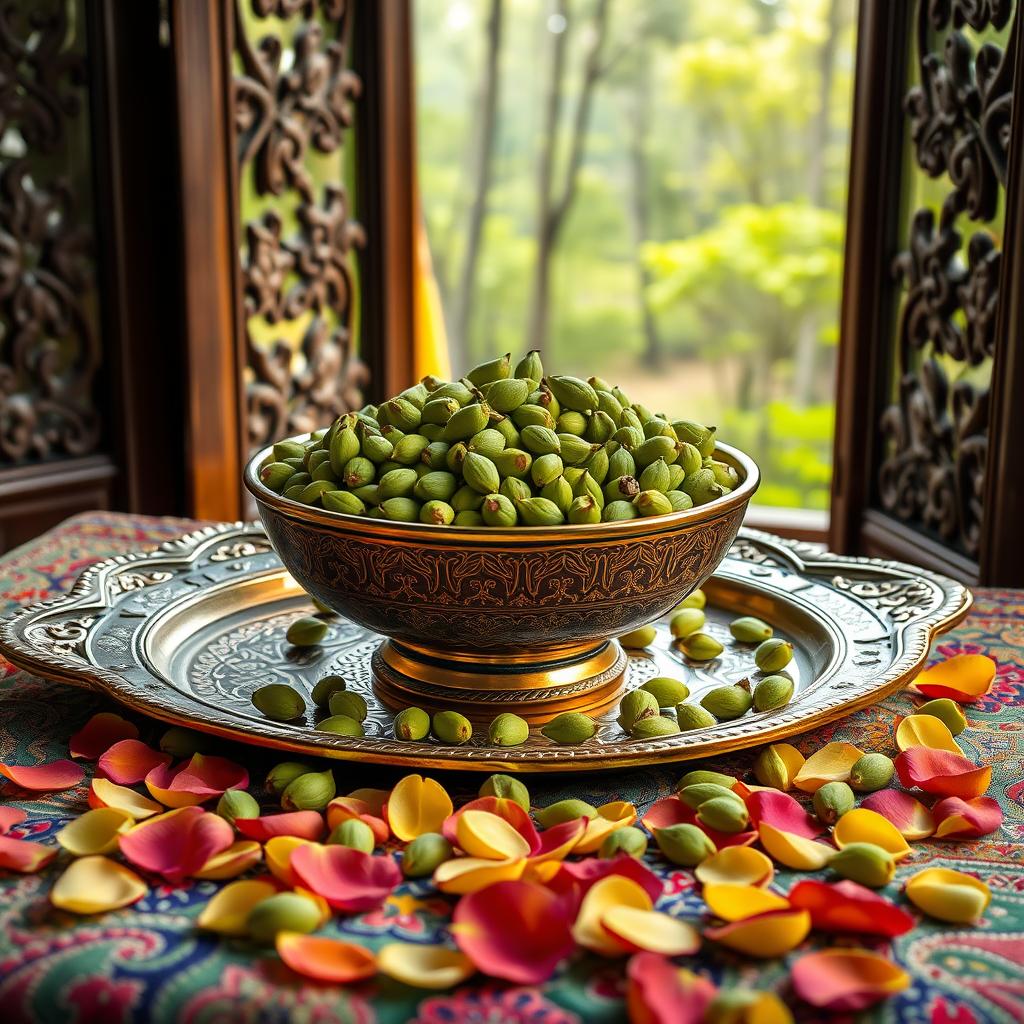 An artistic and high-quality photo of a large, beautifully crafted Mina-kari (Persian enamel) bowl filled with premium, fresh green cardamom pods