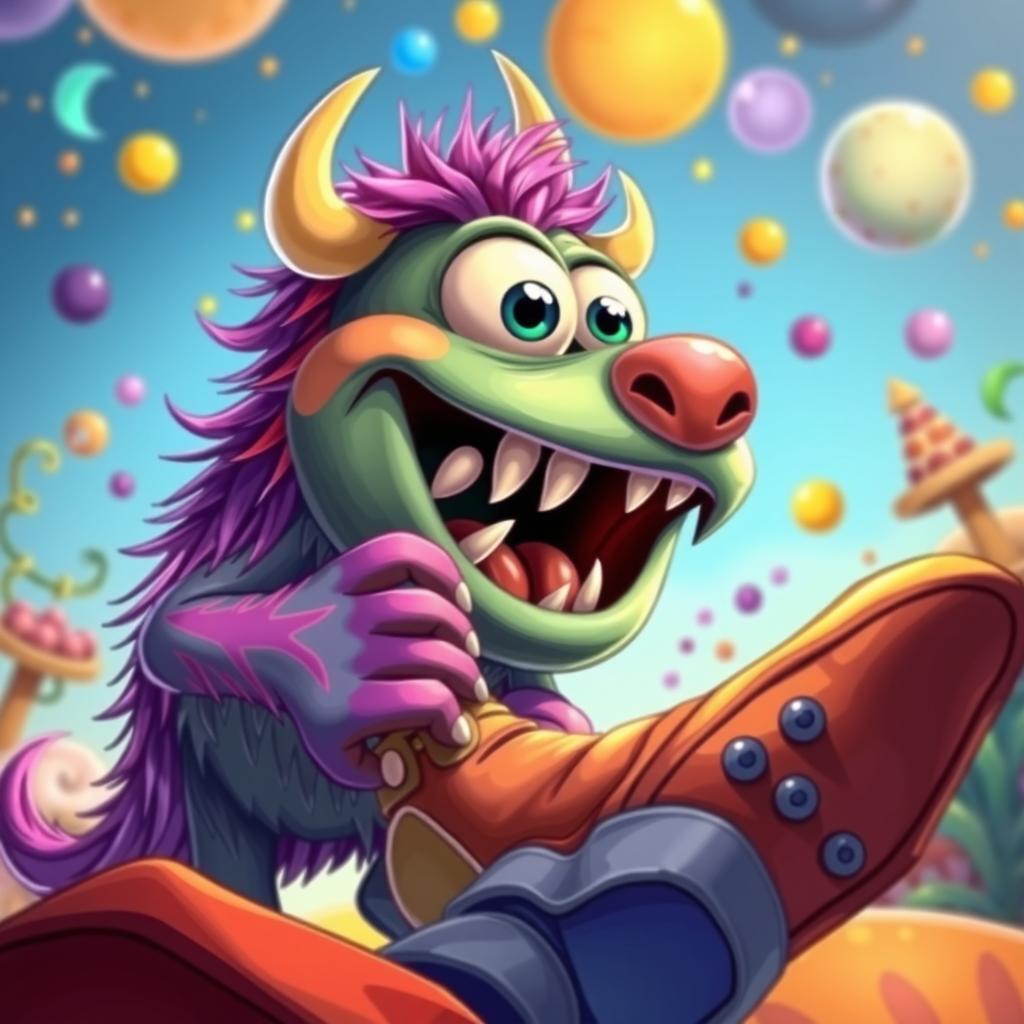 A cartoon monster gripping a person's foot, with its mouth wide open in a comical expression