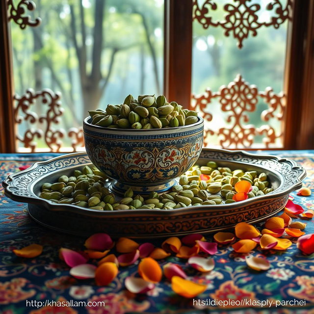 An artistic high-quality photograph featuring a large, beautifully crafted Mina-kari (Persian enamel) bowl filled with premium, fresh green cardamom pods