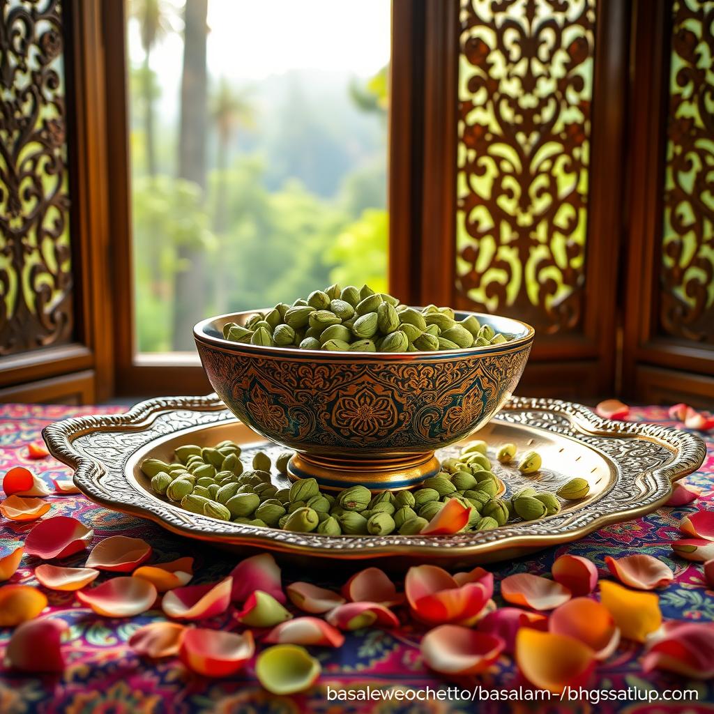 An artistic high-quality photograph featuring a large, beautifully crafted Mina-kari (Persian enamel) bowl filled with premium, fresh green cardamom pods