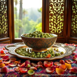 An artistic high-quality photograph featuring a large, beautifully crafted Mina-kari (Persian enamel) bowl filled with premium, fresh green cardamom pods