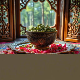 An artistic high-quality photograph featuring a large, beautifully crafted Mina-kari (Persian enamel) bowl filled with premium, fresh green cardamom pods