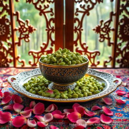 An artistic high-quality photograph featuring a large, beautifully crafted Mina-kari (Persian enamel) bowl filled with premium, fresh green cardamom pods