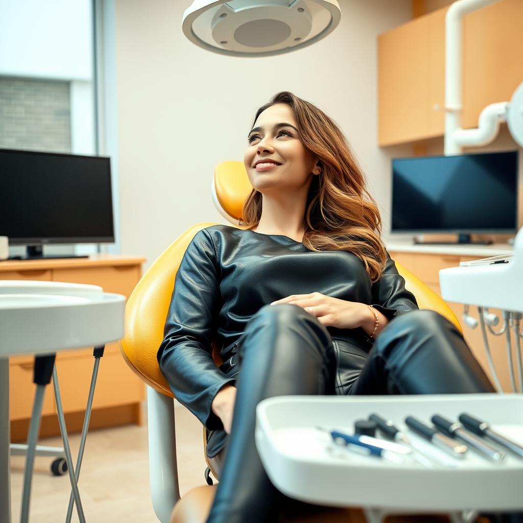 A female patient sitting comfortably in a modern dentist chair, wearing stylish leather trousers
