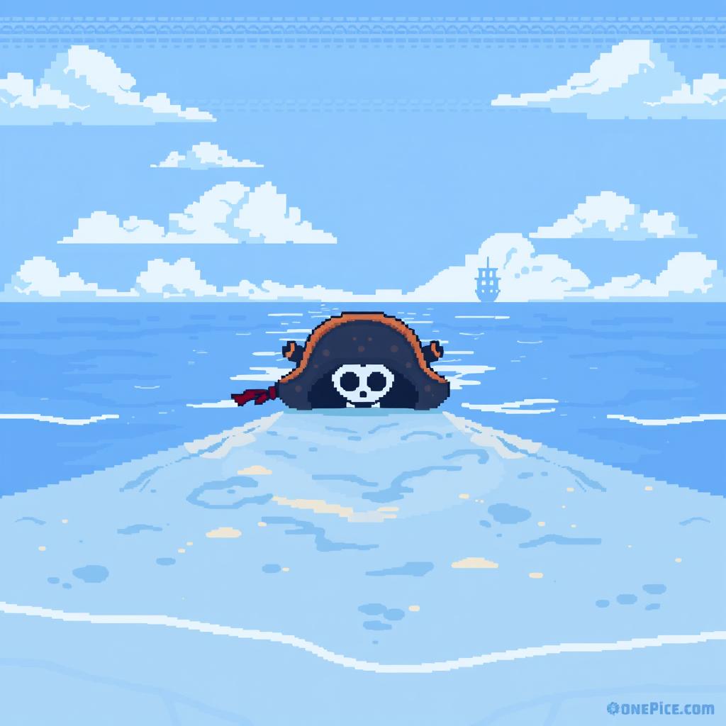 Pixel art depicting the first arc of One Piece, focusing on a central pirate hat resting on a sandy shore