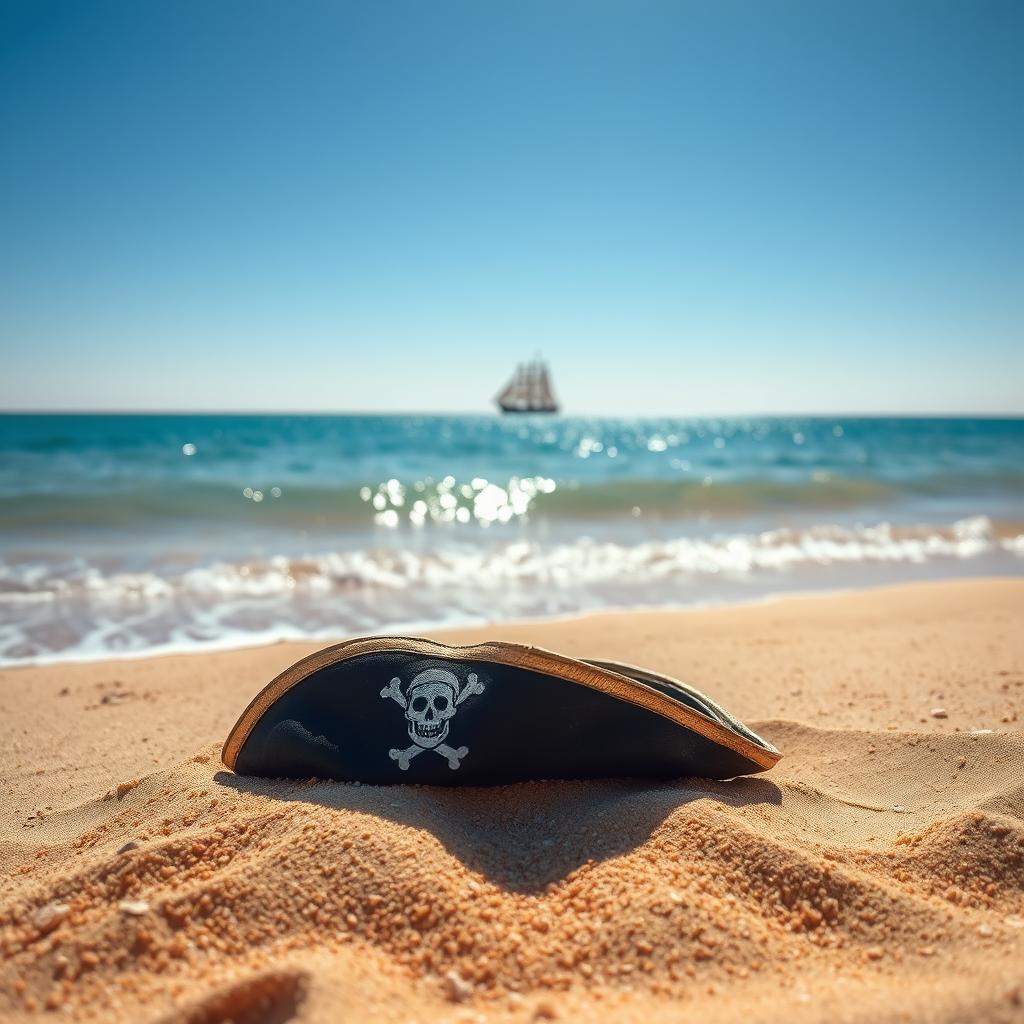 A pirate hat resting on the sandy shore, surrounded by fine grains of sand