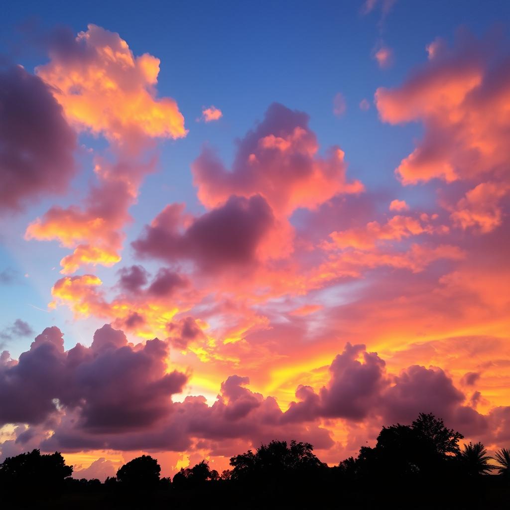 A beautiful scene of a cloudy sky at dusk, showcasing an array of vibrant colors as the sun sets