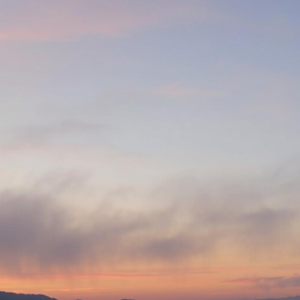 A dreamy scene of a hazy sky at dusk, with soft, diffused clouds blending into gentle shades of pastel colors like light pink, lavender, and soft orange as the sun sets