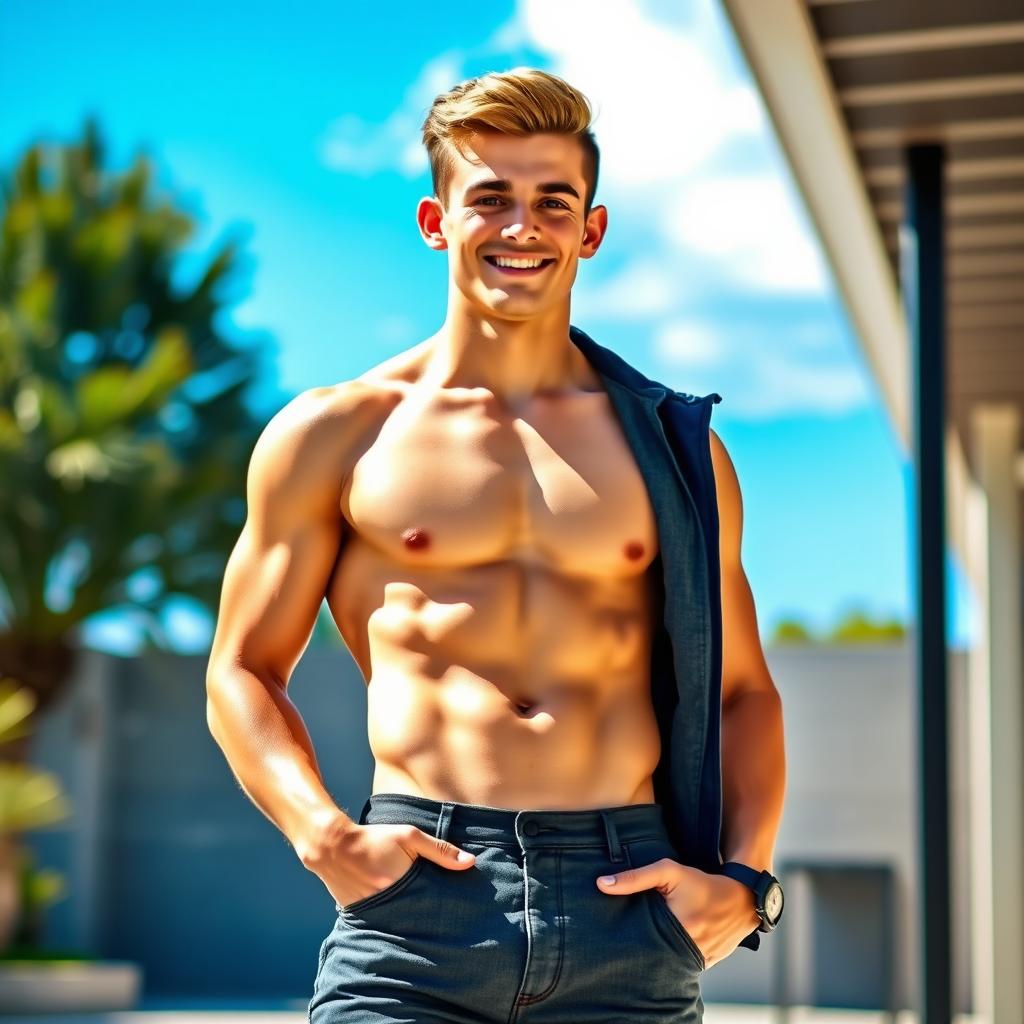 A handsome young man with a well-defined six-pack, standing confidently in a sunny outdoor setting, showcasing his physique