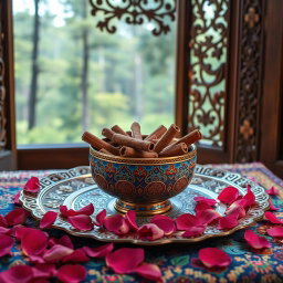 An artistic and high-quality photo of a large, beautifully crafted Mina-kari (Persian enamel) bowl filled with premium, fragrant cinnamon sticks