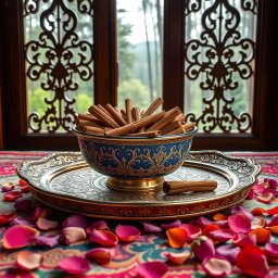 An artistic and high-quality photo of a large, beautifully crafted Mina-kari (Persian enamel) bowl filled with premium, fragrant cinnamon sticks