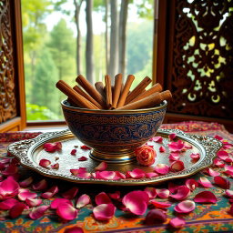 An artistic and high-quality photo of a large, beautifully crafted Mina-kari (Persian enamel) bowl filled with premium, fragrant cinnamon sticks