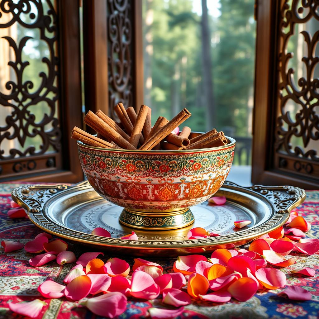 An artistic and high-quality photo of a large, beautifully crafted Mina-kari (Persian enamel) bowl filled with premium, fragrant cinnamon sticks
