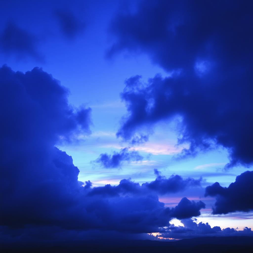 A mesmerizing scene of a deep blue-purple cloudy sky at dusk, with rich hues of cobalt and indigo blending together as the sun sets