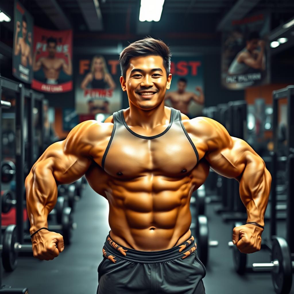 A powerful Asian bodybuilder posing in a gym, showcasing impressive muscles and a confident smile