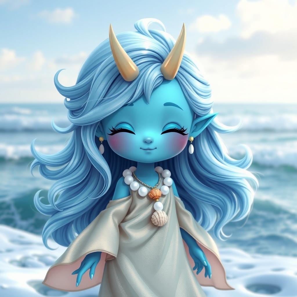 A cute water genasi character with vibrant blue skin and playful, flowing hair that resembles ocean waves