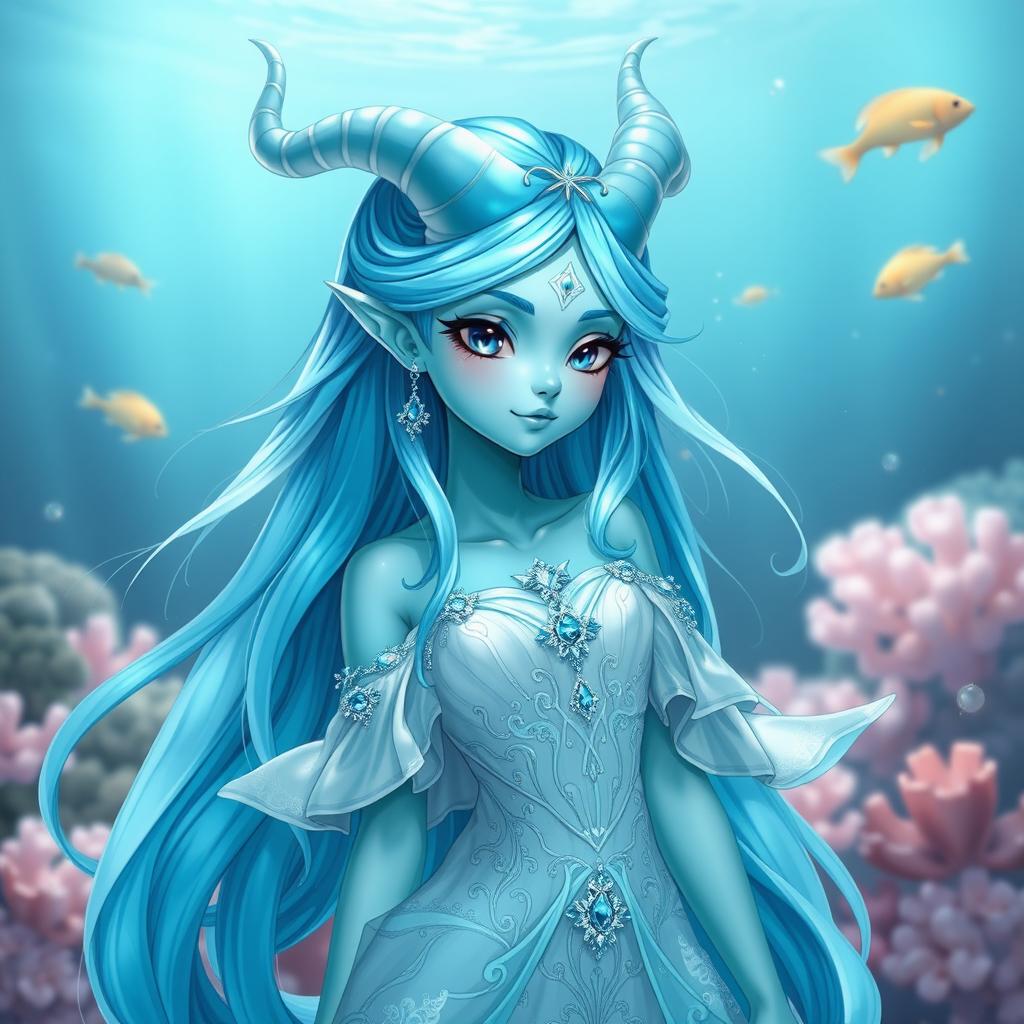 A pretty water genasi character with radiant turquoise skin and long, flowing hair that mimics the colors of the ocean, transitioning from deep blue to light aqua