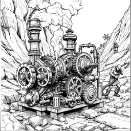 A detailed black and white drawing of a dwarven machine powered by a steam engine, designed to pump high-pressure water from deep within the soil