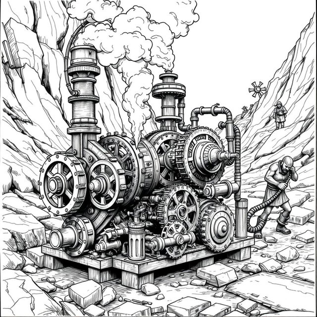 A detailed black and white drawing of a dwarven machine powered by a steam engine, designed to pump high-pressure water from deep within the soil