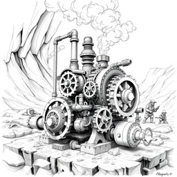 A detailed black and white drawing of a dwarven machine powered by a steam engine, designed to pump high-pressure water from deep within the soil