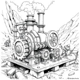 A detailed black and white drawing of a dwarven machine powered by a steam engine, designed to pump high-pressure water from deep within the soil