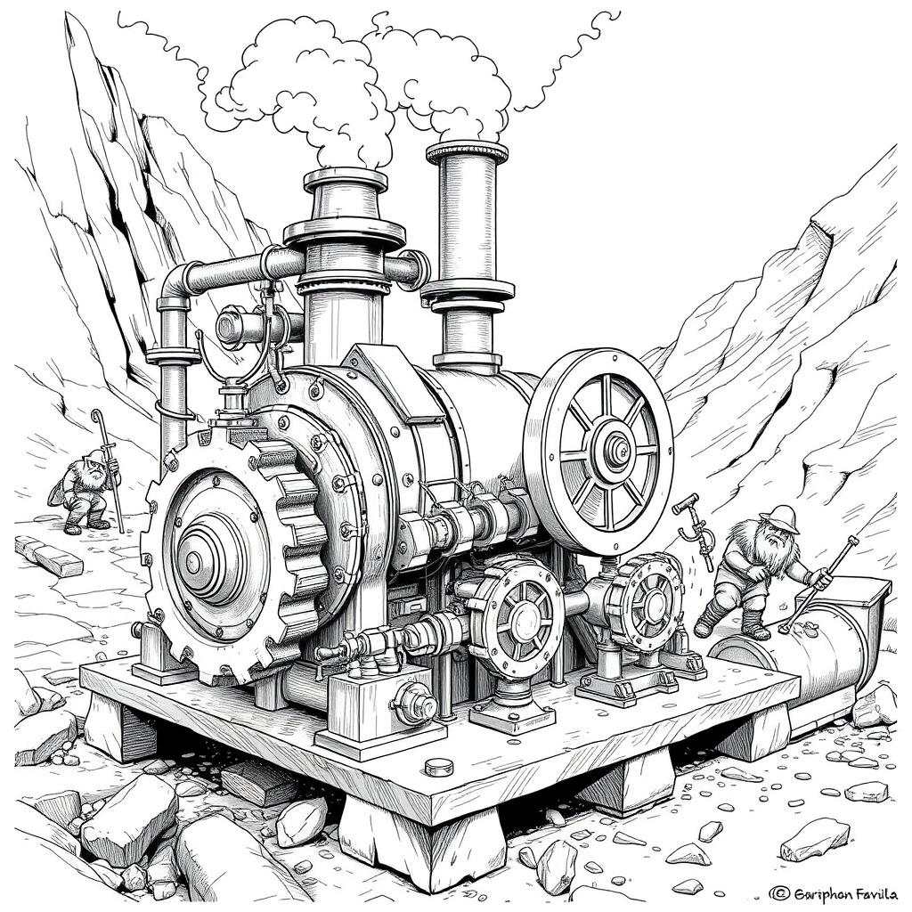 A detailed black and white drawing of a dwarven machine powered by a steam engine, designed to pump high-pressure water from deep within the soil