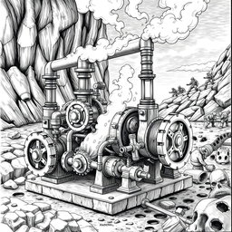 A detailed black and white drawing of a dwarven machine powered by a steam engine, designed to pump high-pressure water from deep within the soil