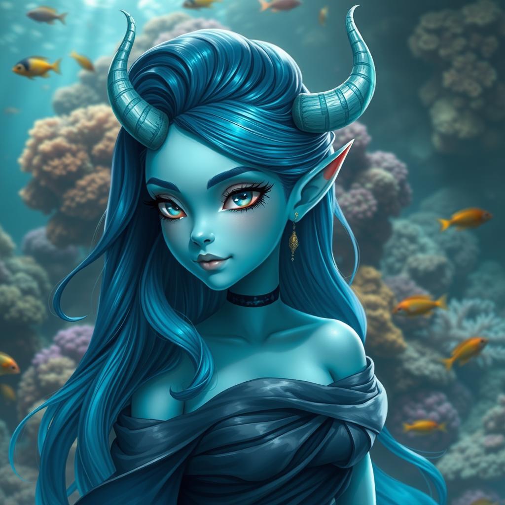 A pretty water genasi character depicted in a realistic style, featuring luminous aqua skin and beautifully textured hair that flows like water, showcasing shades of deep blue and turquoise