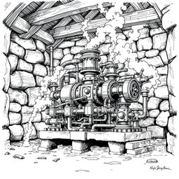 A detailed black and white drawing of a dwarven machine operating within a sturdy stone building, utilizing a steam engine to pump high-pressure water from the soil