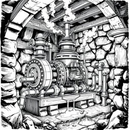 A detailed black and white drawing of a dwarven machine operating within a sturdy stone building, utilizing a steam engine to pump high-pressure water from the soil