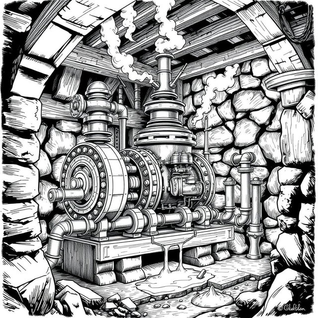 A detailed black and white drawing of a dwarven machine operating within a sturdy stone building, utilizing a steam engine to pump high-pressure water from the soil