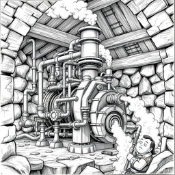 A detailed black and white drawing of a dwarven machine operating within a sturdy stone building, utilizing a steam engine to pump high-pressure water from the soil